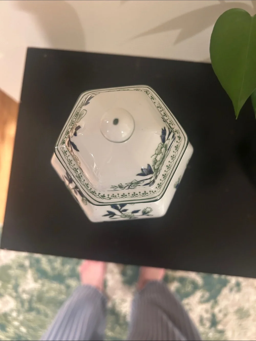 White Porcelain Vase/ ginger jar with Blue and Green Bird Motif.